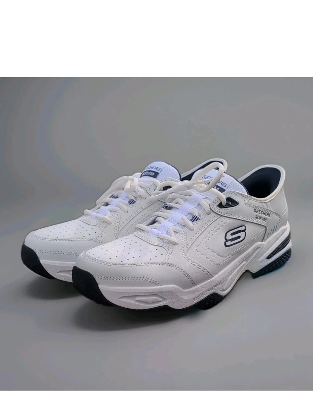 Skechers Sneakers Mens 13 White Blue Durham Delvor Slip Ins Relaxed Dad Shoes
